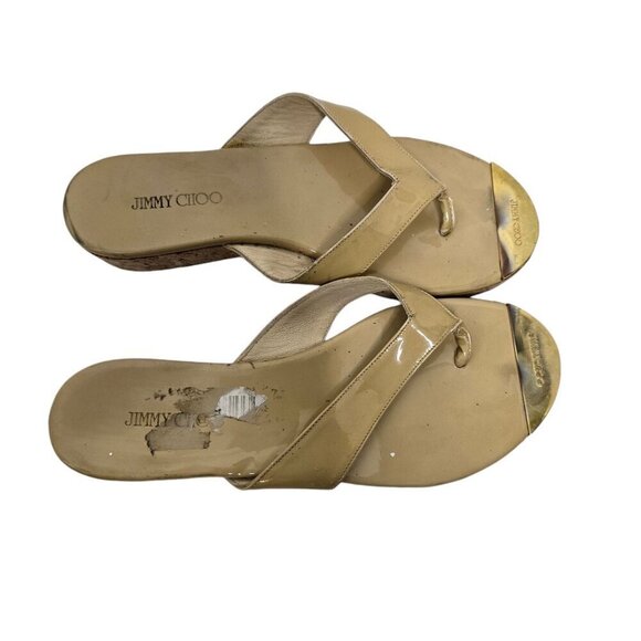 Jimmy Choo Beige Patent Leather Pence Cork Wedge Sandal size 7 - Picture 1 of 16